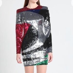 Balmain Multicolor Sequin Panel Minidress— Red, Silver, Black, Green